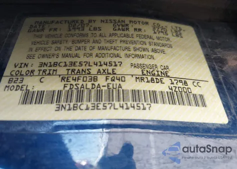 2007 Nissan Versa 1.8S from USA, damaged, VIN 3N1BC13E57L414517